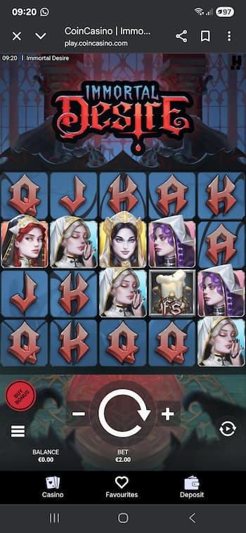 The Immortal Desire slot reels on mobile at CoinCasino