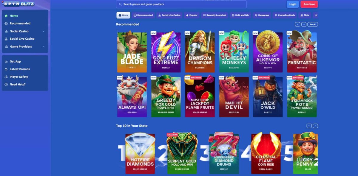 Lobby at Spinblitz casino