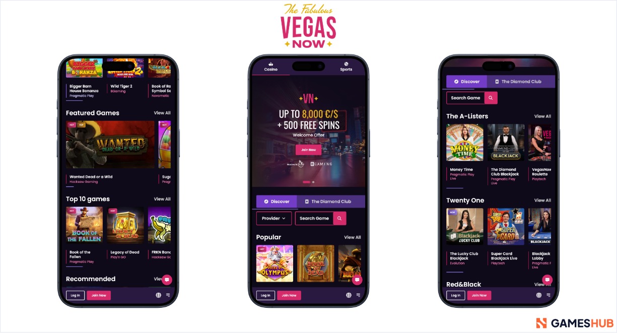 Screenshots of VegasNow on mobile