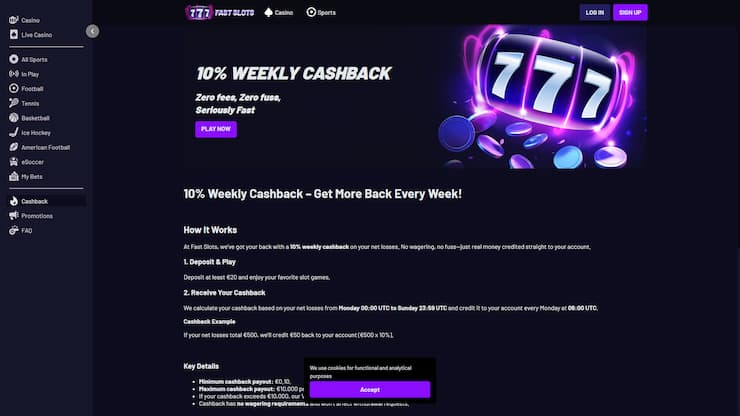 Fast Slots Casino 10% Weekly Cashback Program