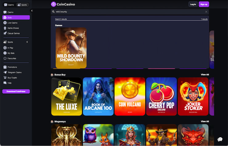 The CoinCasino interface during our Wild Bounty Showdown slot review