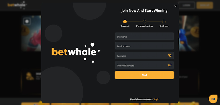 BetWhale sign-up pop-up