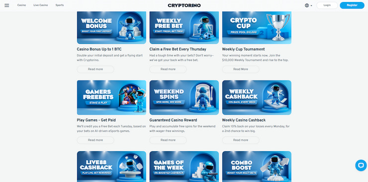 An overview of the many one-time and recurring promotions that new and ongoing players can enjoy at Cryptorino.