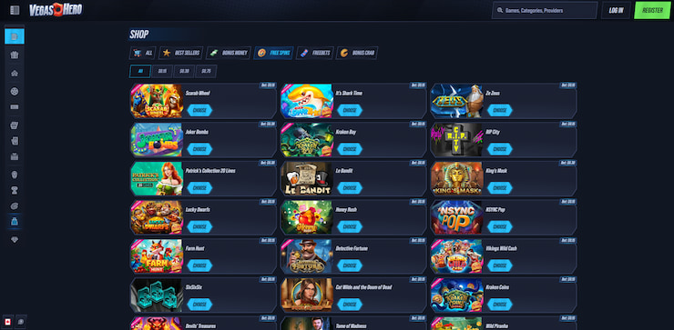 A screenshot of Vegas Hero's shop page which features on-site points that can be redeemed for free spins.