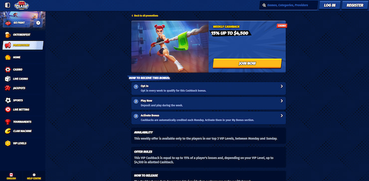 A closer inspection of Big Clash's cashback offer of 15% up to $4,500 that players can grab every week.