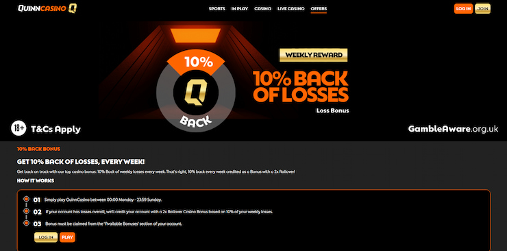 A screenshot which depicts the 10% weekly cashback promotion from Quinn Casino