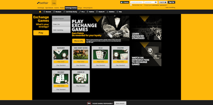 Ad showing Betfair's Exchange Games and loyalty program featured on it uk mobile app