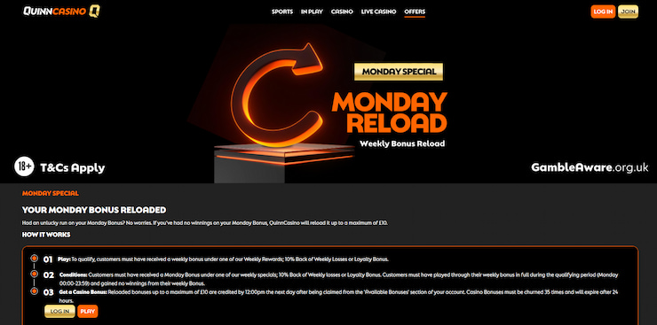 A more detailed look at the Monday Reload promotion from quinn casino