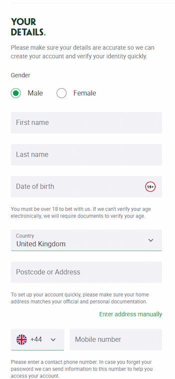 A look at the registration form that a male uk gambler would fill out when signing up at a betting site