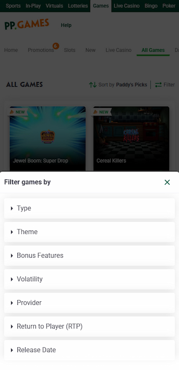 Screenshot which depicts reviewer filtering through Paddy Power's game library to find slot games