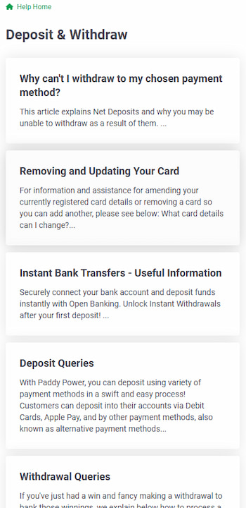 Image taken from Paddy Power's help section which depicts answers to common questions