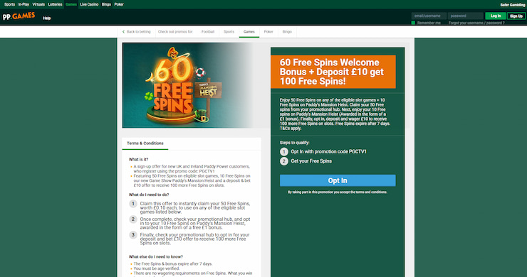 A snapshot of the no-deposit welcome offer from paddy powers casino app