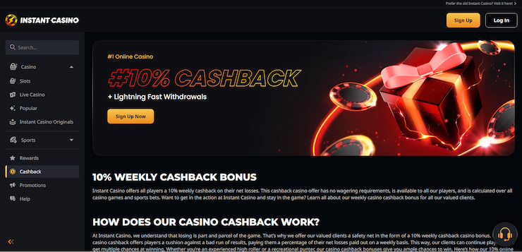 Instant Casino 10% weekly cashback