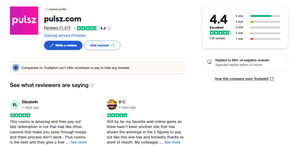 Pulsz Trustpilot score