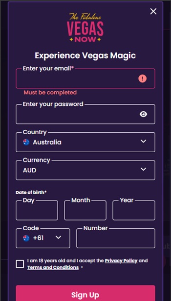 sign up form at vegas now, top mobile casino site in Australia