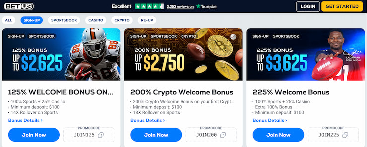 A glance at the current sportsbook promotional lineup at the BetUS sports betting site