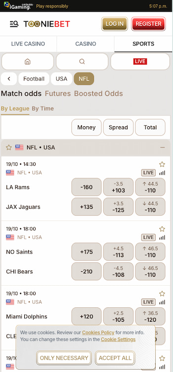 A look at ToonieBet's app interface, our top-rated NFL football betting app for Canadian players