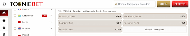 A look at how to bet on the NHL's latest Hart Memorial Trophy odds at ToonieBet