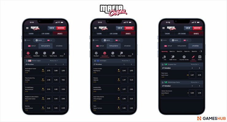 A look at the live betting interface on the Mafia Casino Australia sports betting app