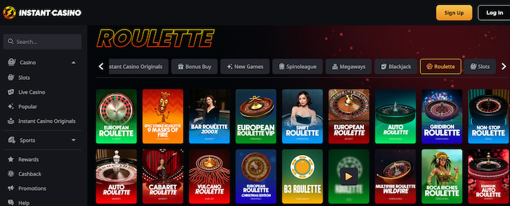 A look at the table games selection at Instant Casino, a top spot for high payouts in SA