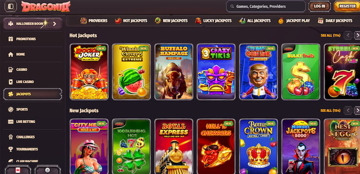 A selection of jackpot slots, as seen at Dragonia Canada casino online