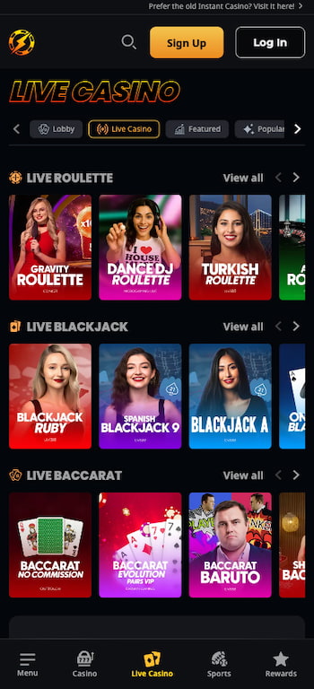A selection of live casino games available to play on the Instant Casino India app