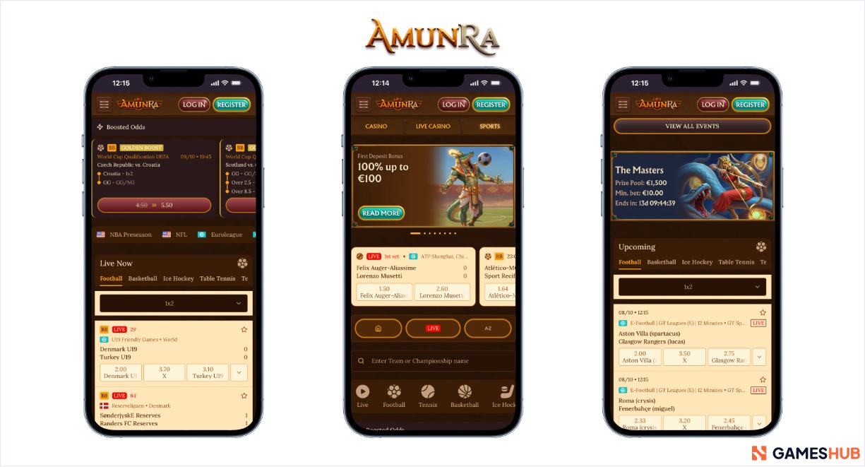 3 screenshots of the sportsbook homepage for AmunRa, offering deep global sports coverage for betters in Kuwait.