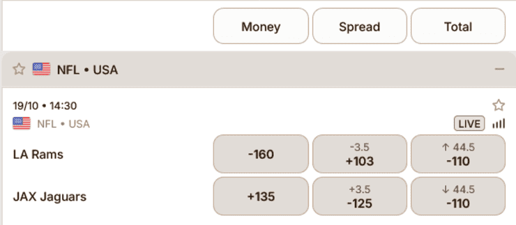 An example of American odds as seen on a Rams vs Jags game