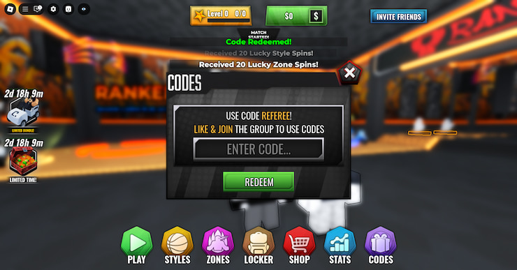 A screenshot displaying a code in use, with 20 Lucky Zone spins and 20 Lucky Style spins being awarded.