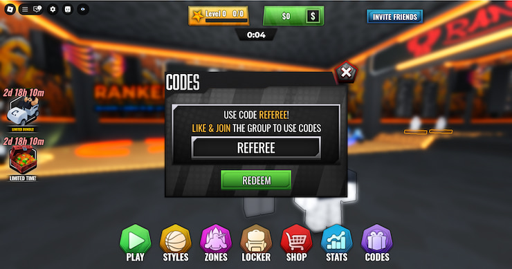 A look at the redeem section where you can input Basketball Zero codes and earn back free rewards.