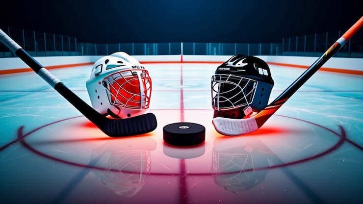 A CGI depiction of hockey equipment, including pucks, sticks, and goalie helmets, because hockey is the most popular sport in Alberta.