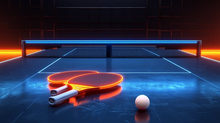 a depiction of a modern table tennis setup with paddles and a ping pong ball