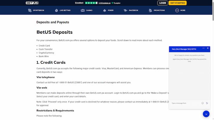 A look at the deposit methods for BetUS