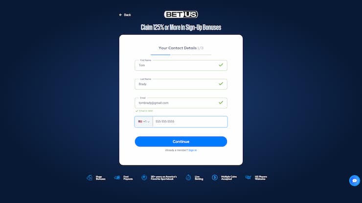 A snapshot of BetUS's online registration form