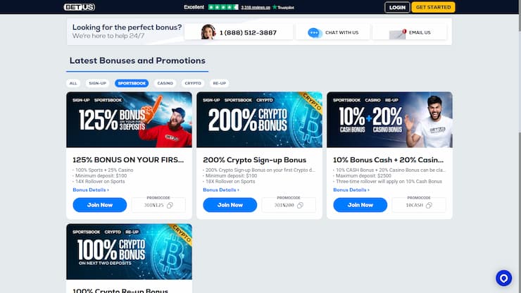 A display of the bonuses sports bettors can access on BetUS
