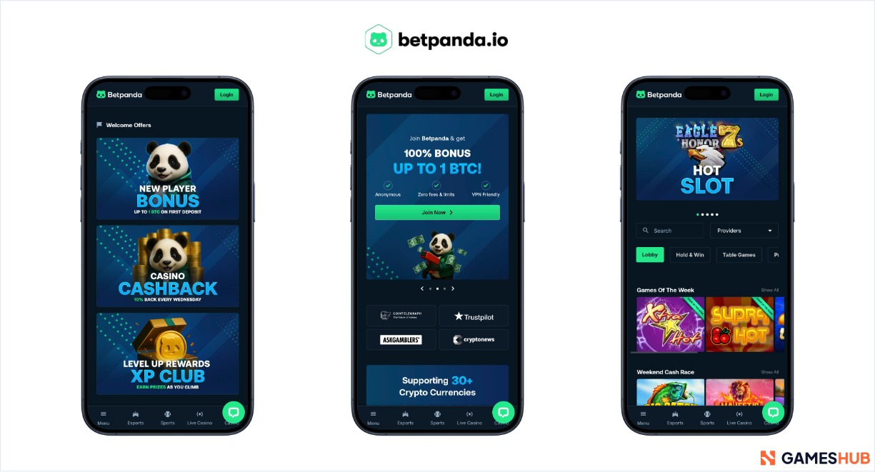 A screenshot of BetPanda Casino's product on a series of smartphone screens.
