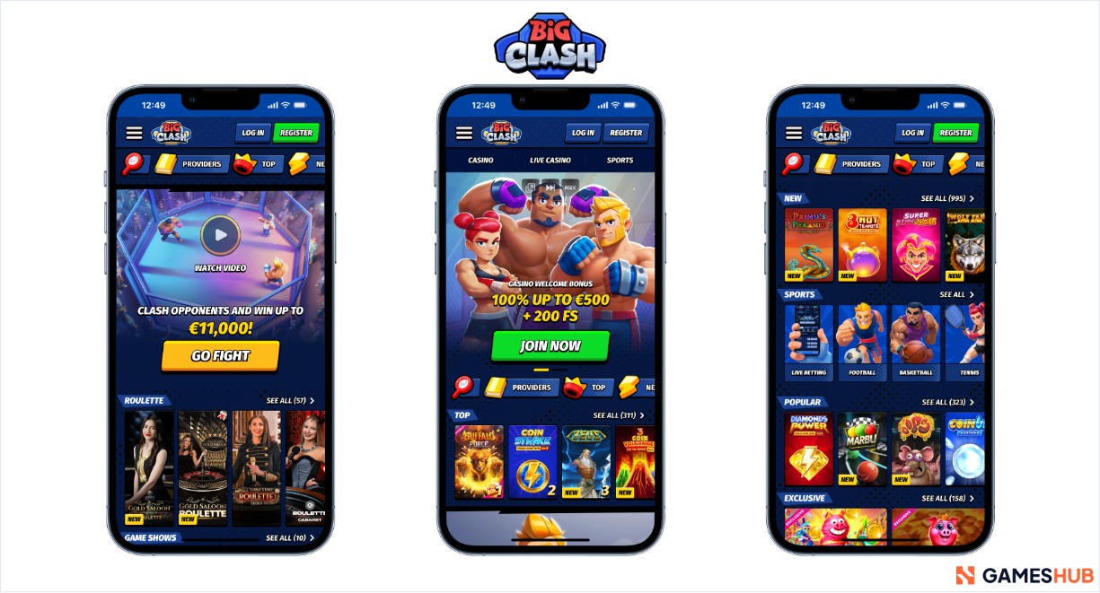 Mobile screenshots of Big Clash, showing off the site's casino sign-up bonuses