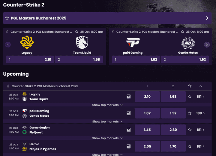 CSGO tournament futures odds as seen at Vegas Now