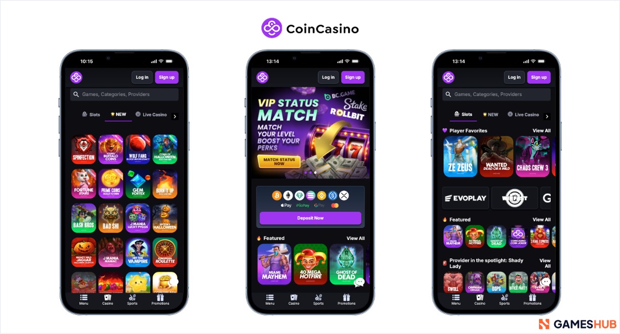 An infographic of CoinCasino's deposit match bonus and game selection on smartphones.