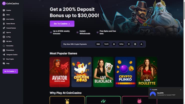 a screenshot of the coincasino homepage along with its main welcome bonus