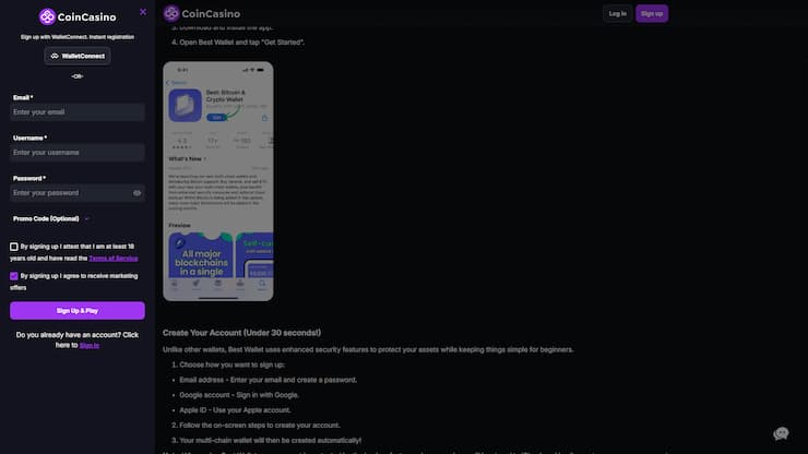 a preview of the coincasino sports sign in form