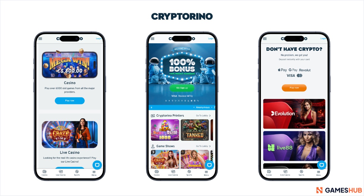 This Cryptorino Casino image shows the 100% bonus and other promotions on the crypto site.
