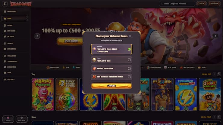 a screengrab of dragonia casino's registration form and the bonuses on offer for signups