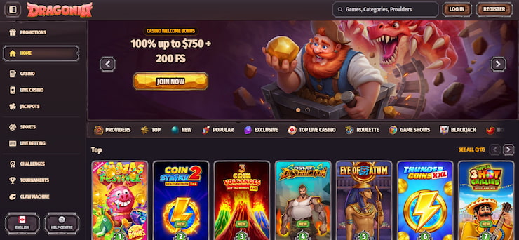 Dragonia game lobby with lots of game titles playable with Instadebit deposits.