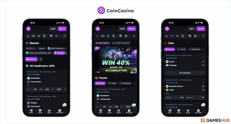 Images of the CoinCasino South Australia betting site's mobile interface and bonuses