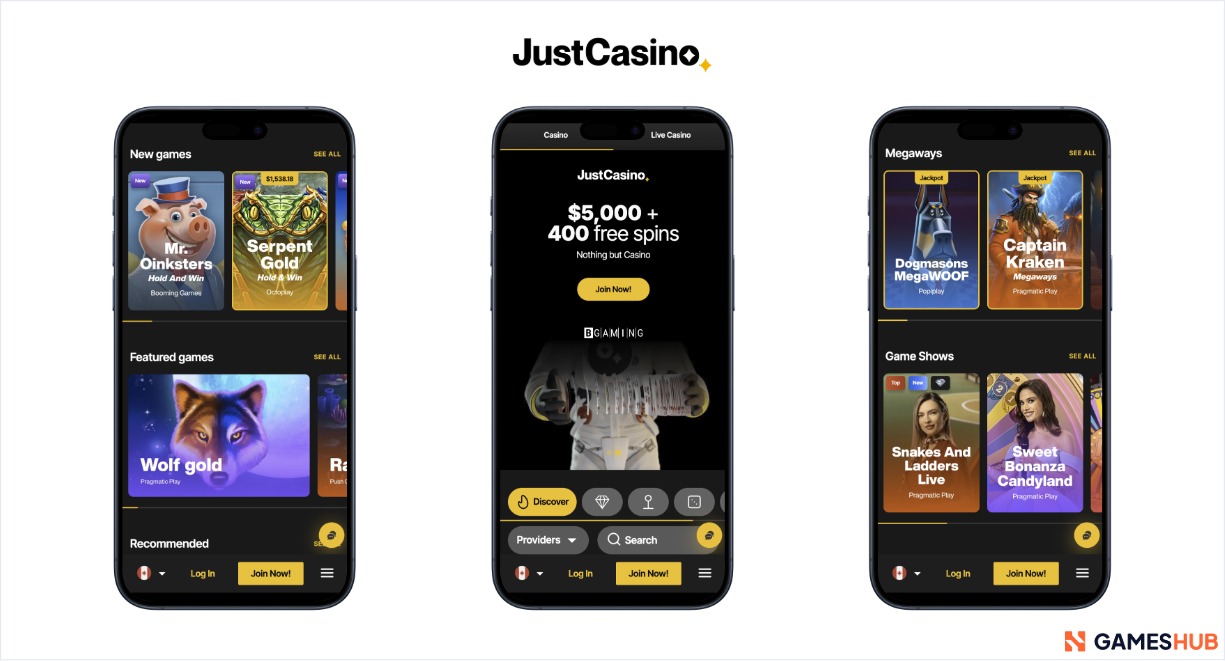 Screenshots of Just Casino on mobile
