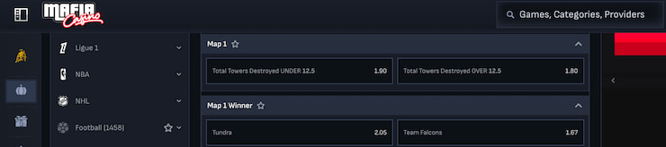 Map esports betting options as seen at Mafia Casino