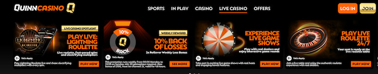 Promotional lineup at QuinnBet credit card casino UK