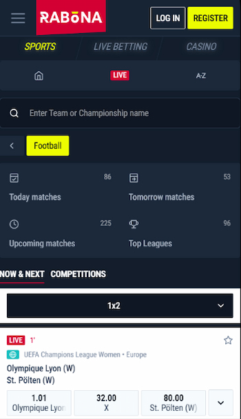 A screenshot of the Rabona mobile app for sports betting, which accepts bettors from Quebec.