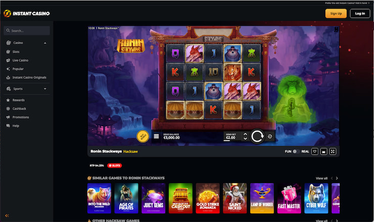 A snapshot of Instant Casino taken during our Ronin Stackways slot review